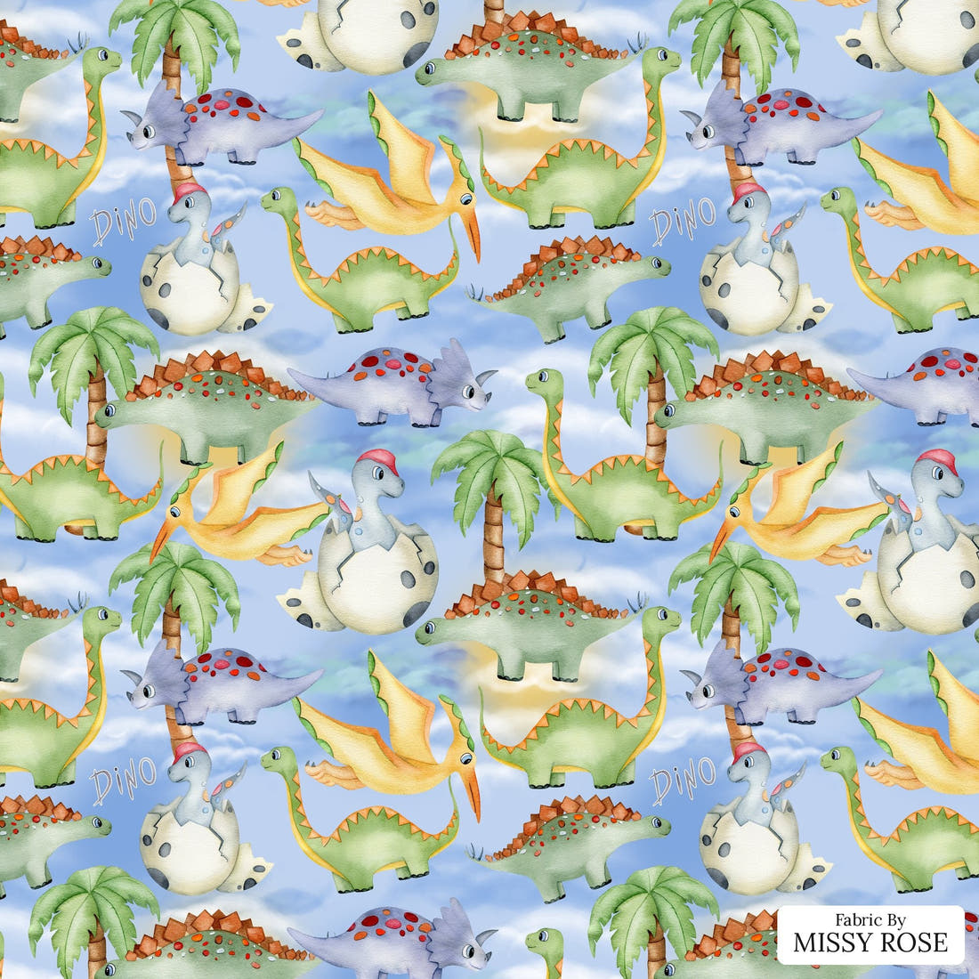 Design 155 Birthday Dinosaur Fabric - flat view of the print, zoom in for detail | Fabric by Missy Rose