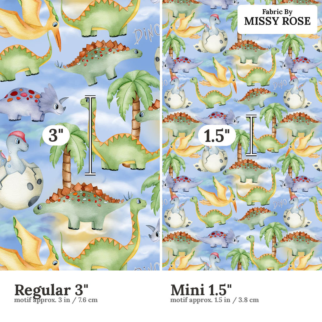 Design 155 Birthday Dinosaur Fabric size comparison - print scale | Fabric by Missy Rose