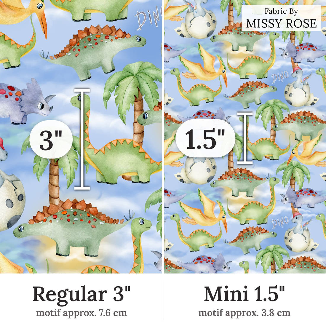 Design 155 Birthday Dinosaur Fabric Regular 3 inch vs Mini 1.5 inch print scale side by side | Fabric by Missy Rose