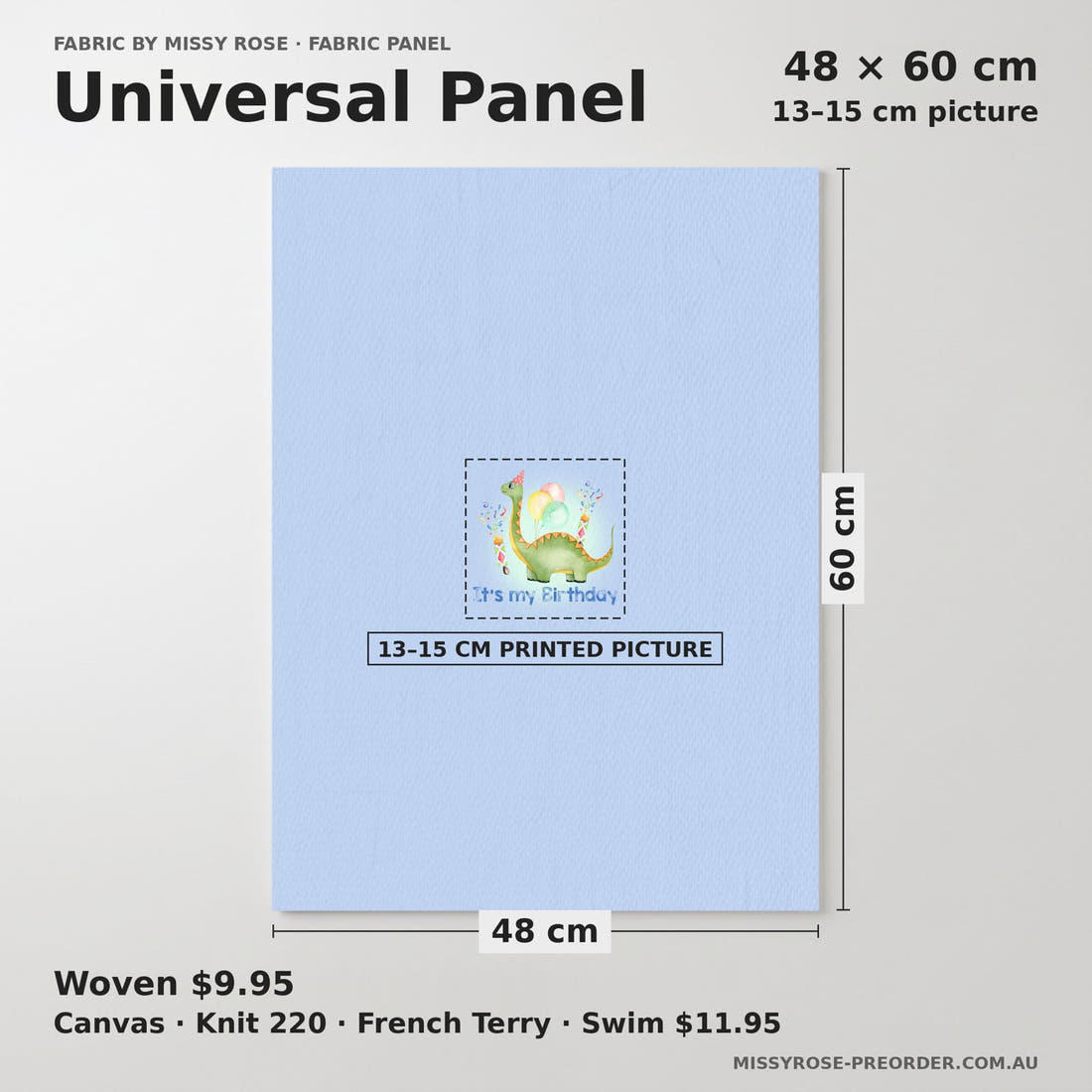 Design 155 Birthday Dinosaur Panel universal panel sizing – 13–15 cm printed picture on 48 × 60 cm fabric | Fabric by Missy Rose