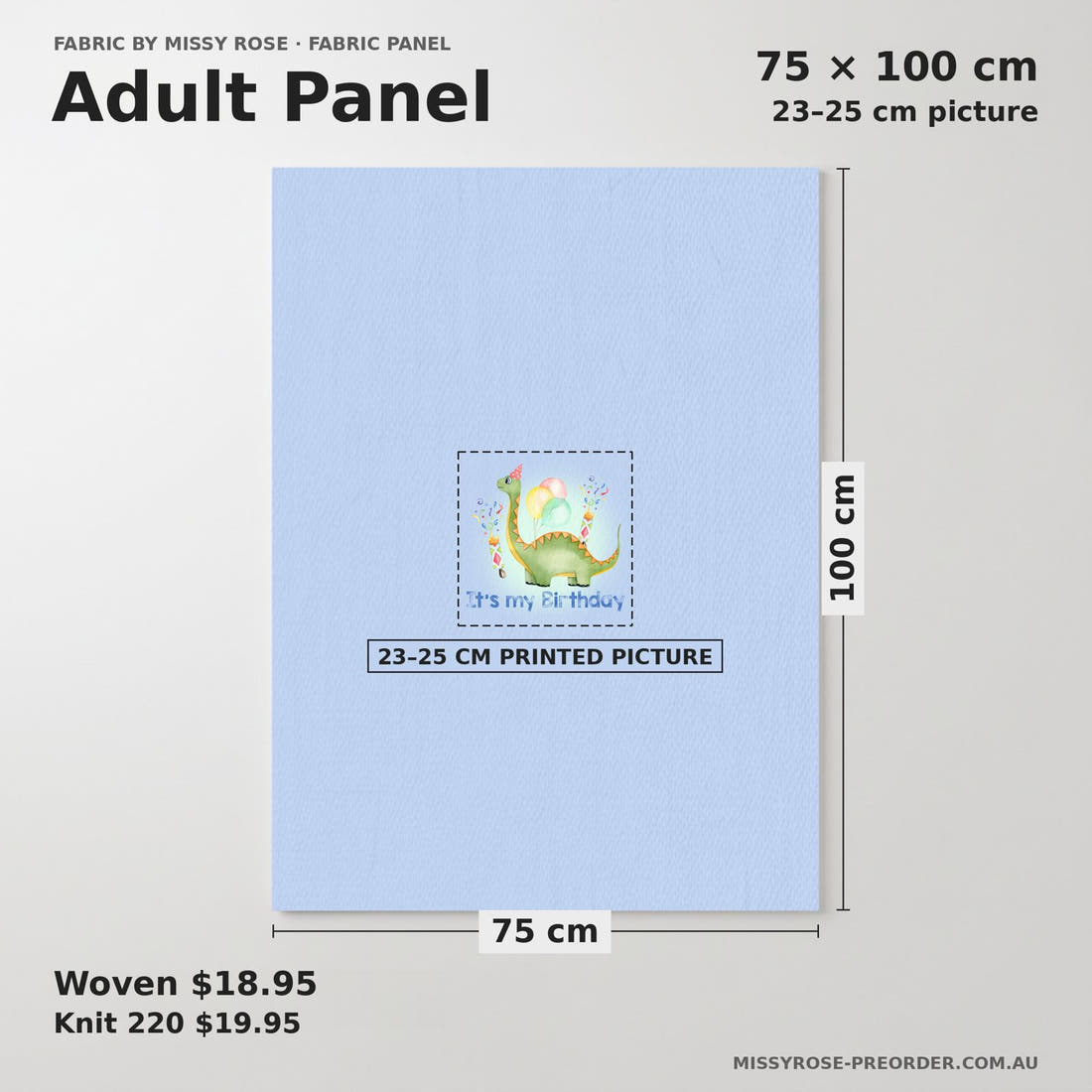 Design 155 Birthday Dinosaur Panel adult panel sizing – 23–25 cm printed picture on 75 × 100 cm fabric | Fabric by Missy Rose
