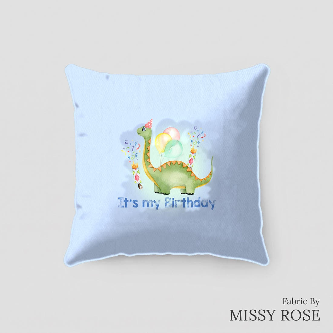 Design 155 Birthday Dinosaur Panel sewn into a cushion – see how the panel looks made up | Fabric by Missy Rose