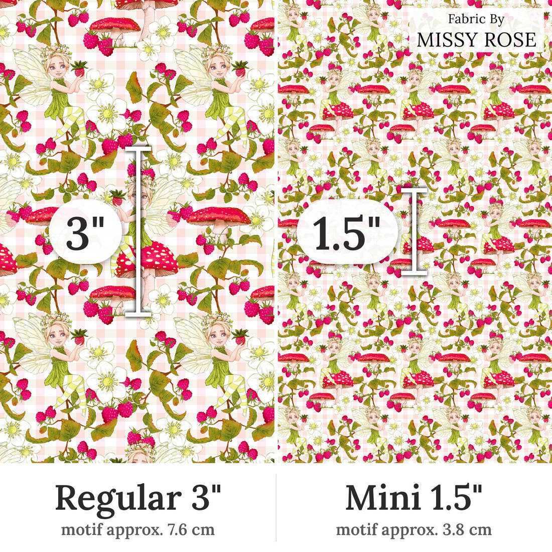 Design 156 Sweet Fairy Fabric Regular 3 inch vs Mini 1.5 inch print scale side by side | Fabric by Missy Rose