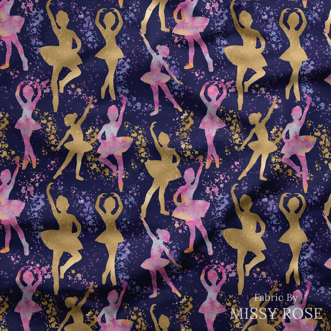 Design 157 Navy Ballerina Fabric draped fabric mockup – custom printed fabric by the metre | Fabric by Missy Rose