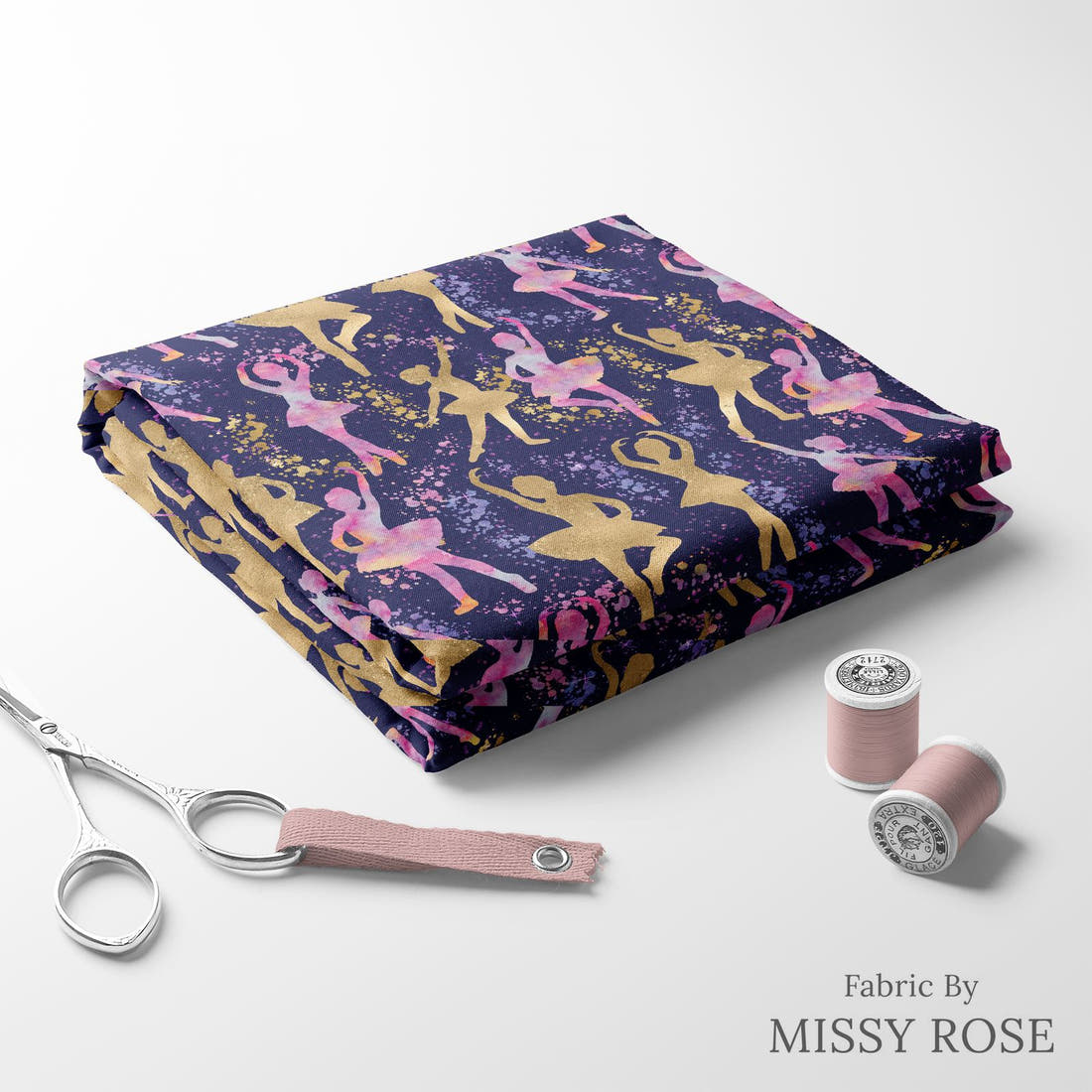 Design 157 Navy Ballerina Fabric folded fabric stack with matching thread – pre-order fabric Australia | Fabric by Missy Rose
