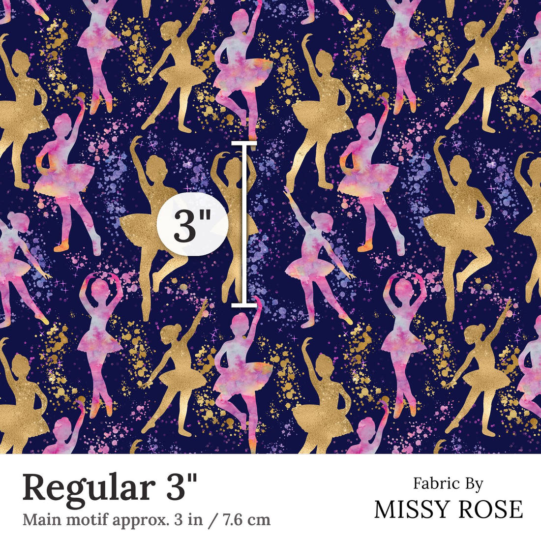 Design 157 Navy Ballerina Fabric Regular 3 inch print scale guide | Fabric by Missy Rose