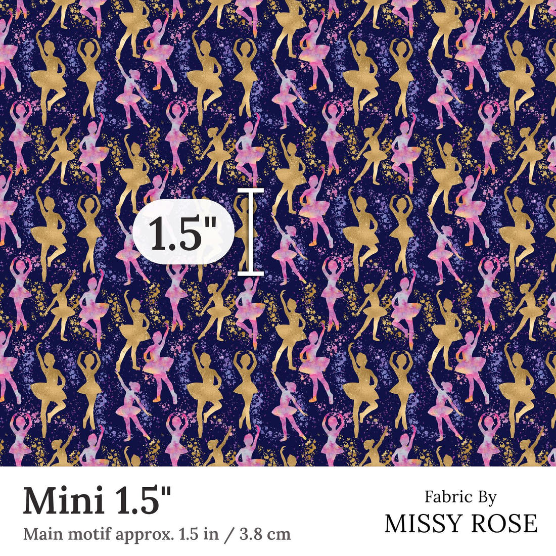 Design 157 Navy Ballerina Fabric Mini 1.5 inch print scale guide | Fabric by Missy Rose