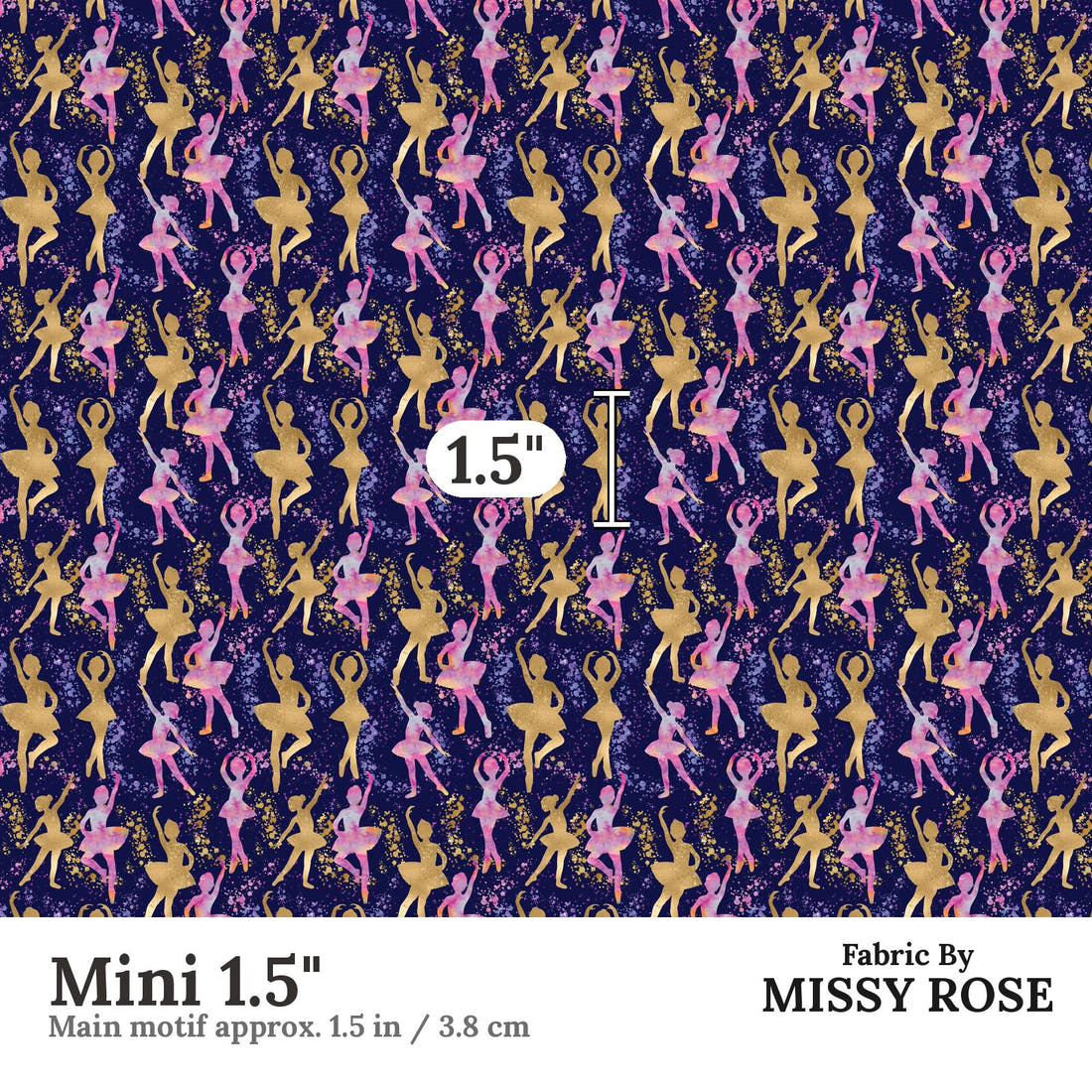 Design 157 Navy Ballerina Fabric Mini 1.5" - print scale | Fabric by Missy Rose