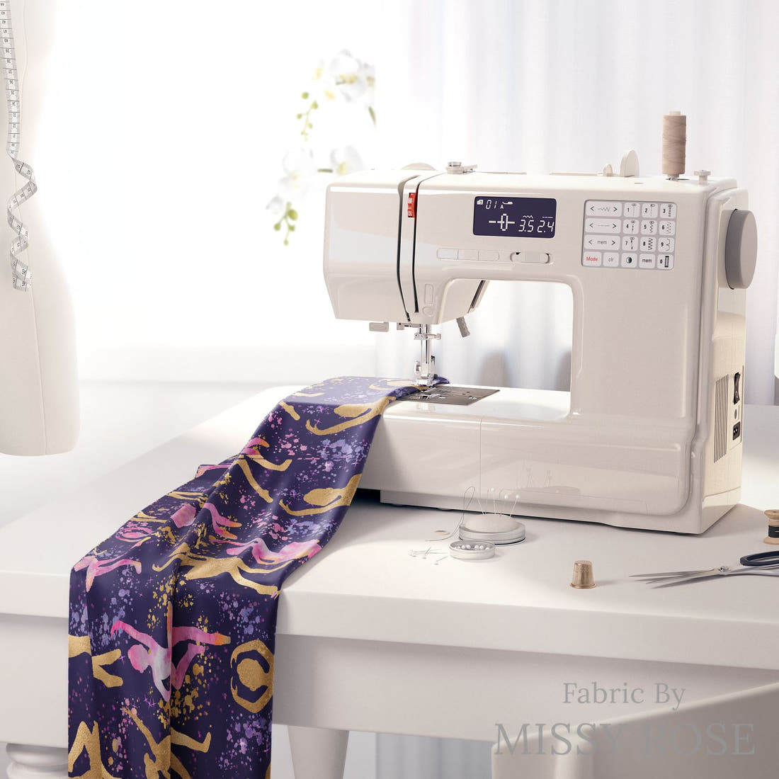 Design 157 Navy Ballerina Fabric on a sewing machine – premium fabric for sewing projects | Fabric by Missy Rose