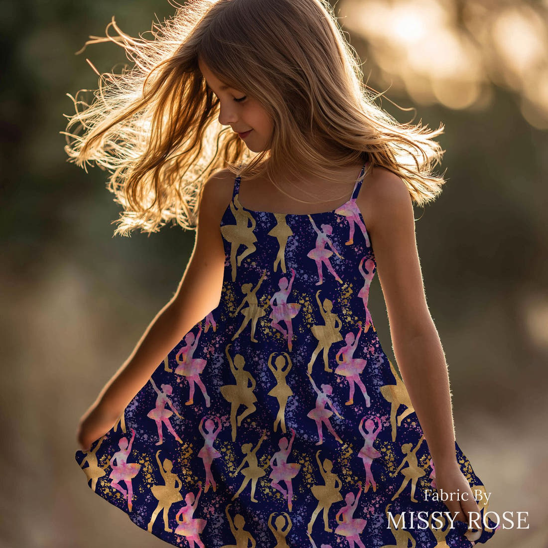 Design 157 Navy Ballerina Fabric sewn into a girls' dress – see how the print looks made up | Fabric by Missy Rose