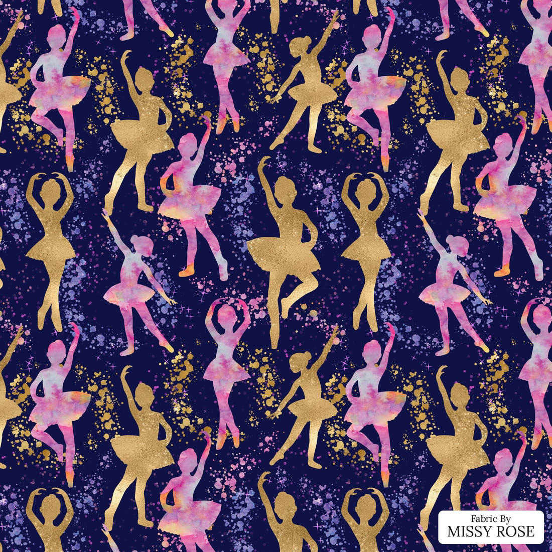 Design 157 Navy Ballerina Fabric - flat view of the print, zoom in for detail | Fabric by Missy Rose