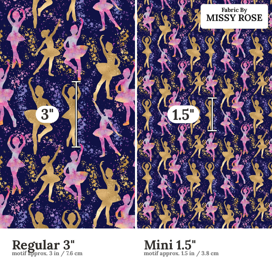 Design 157 Navy Ballerina Fabric size comparison - print scale | Fabric by Missy Rose