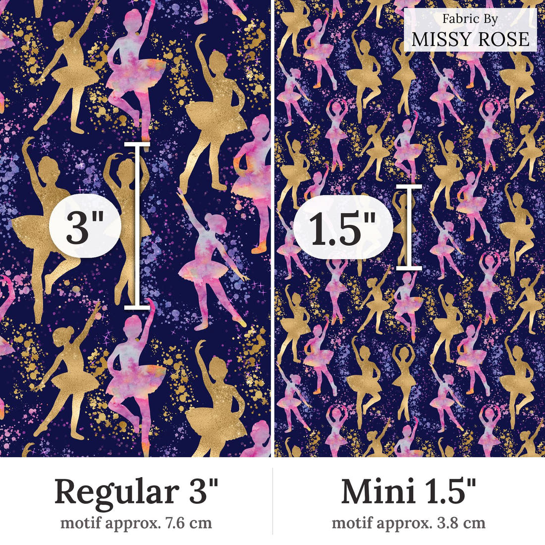 Design 157 Navy Ballerina Fabric Regular 3 inch vs Mini 1.5 inch print scale side by side | Fabric by Missy Rose