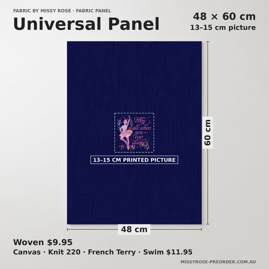 Design 157 Navy Ballerina Panel universal panel sizing – 13–15 cm printed picture on 48 × 60 cm fabric | Fabric by Missy Rose