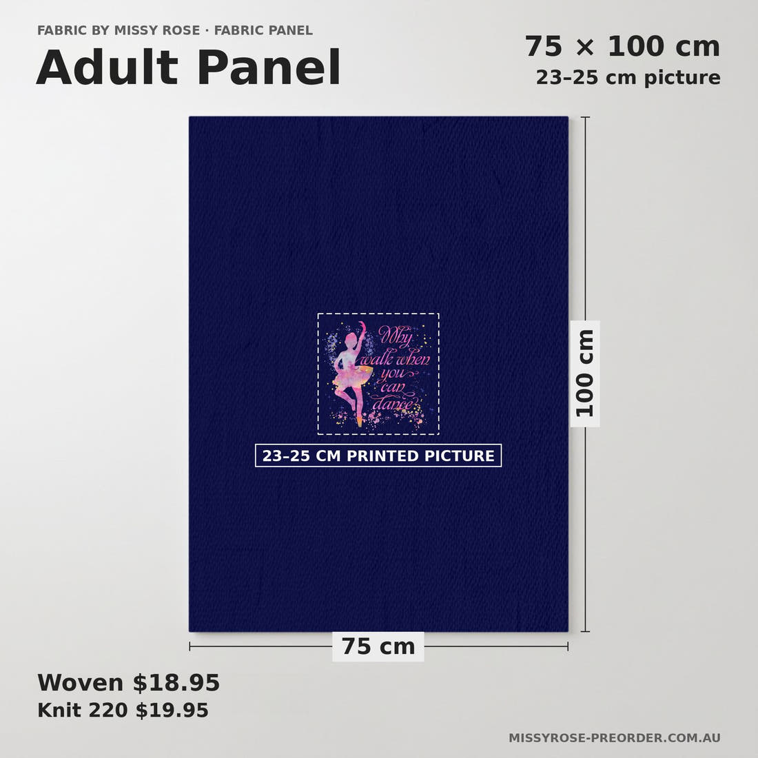 Design 157 Navy Ballerina Panel adult panel sizing – 23–25 cm printed picture on 75 × 100 cm fabric | Fabric by Missy Rose