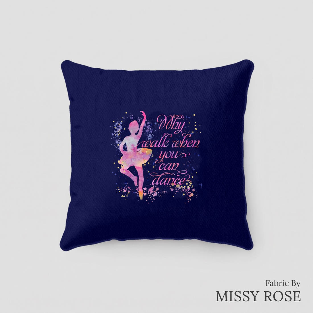 Design 157 Navy Ballerina Panel sewn into a cushion – see how the panel looks made up | Fabric by Missy Rose