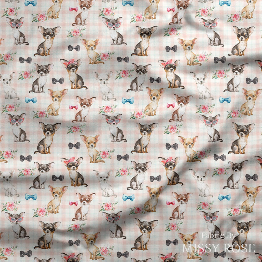 Design 158  Chihuahua Fabric draped fabric mockup – custom printed fabric by the metre | Fabric by Missy Rose