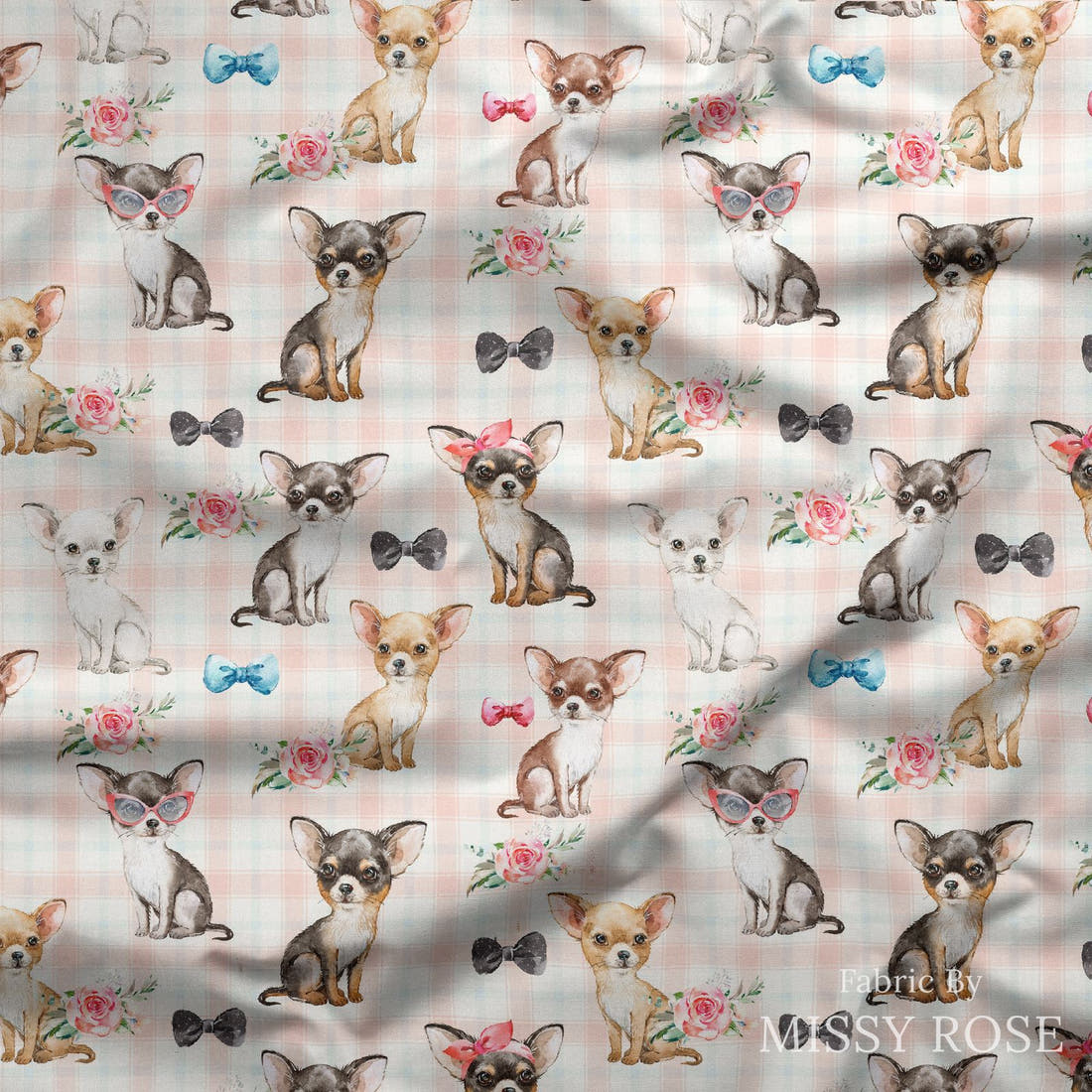 Design 158 Chihuahua Fabric draped fabric mockup – custom printed fabric by the metre | Fabric by Missy Rose