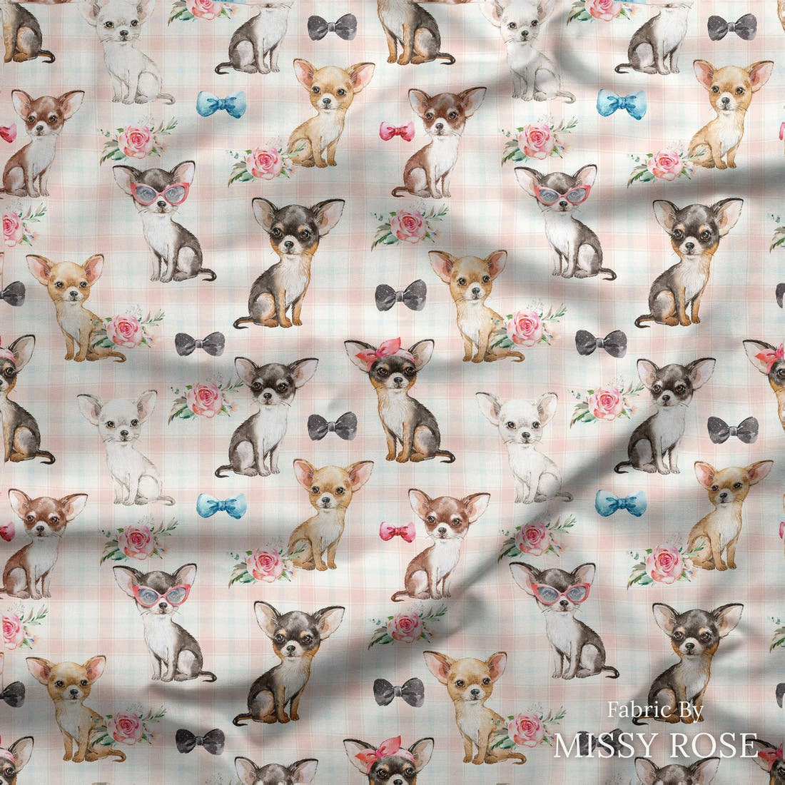 Design 158  Chihuahua Fabric draped fabric mockup – custom printed fabric by the metre | Fabric by Missy Rose