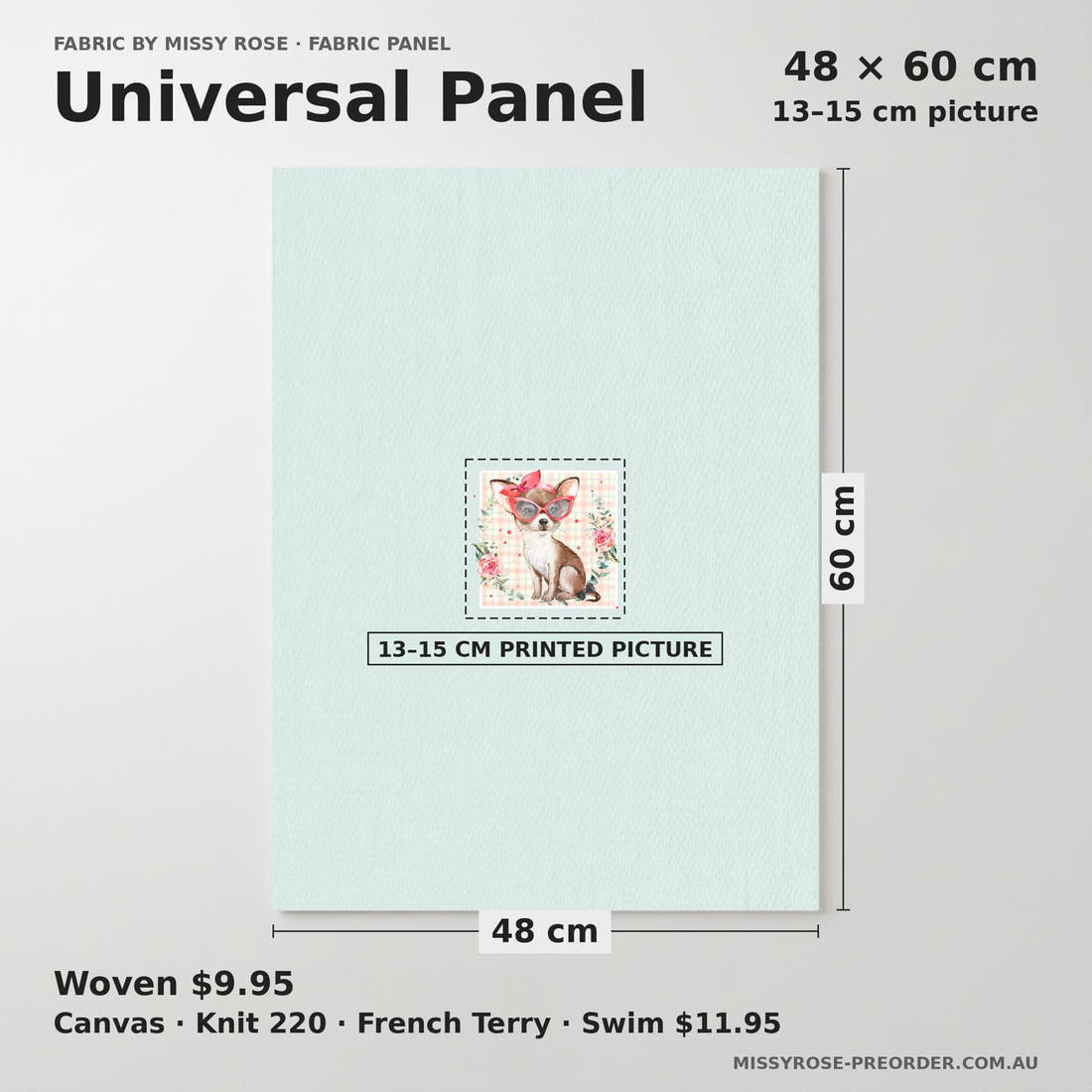 Design 158 Chihuahua Panel universal panel sizing – 13–15 cm printed picture on 48 × 60 cm fabric | Fabric by Missy Rose