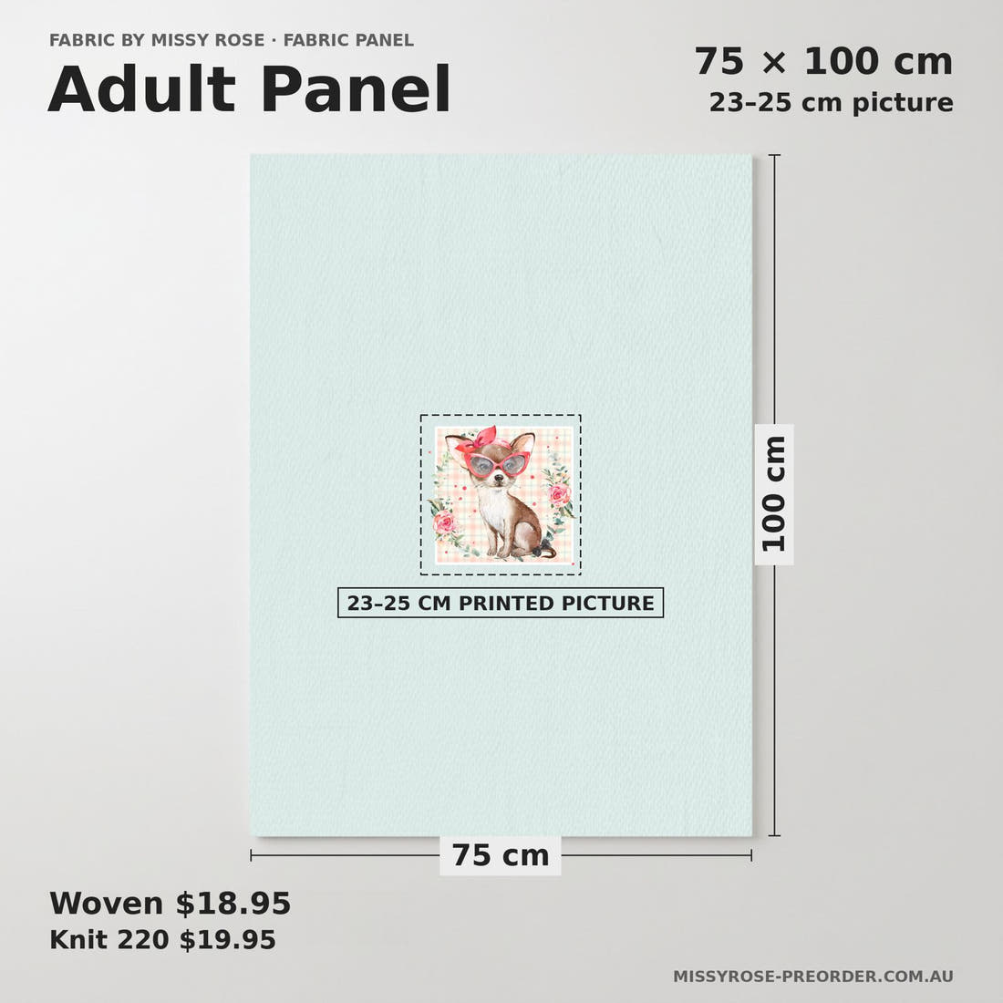 Design 158 Chihuahua Panel adult panel sizing – 23–25 cm printed picture on 75 × 100 cm fabric | Fabric by Missy Rose