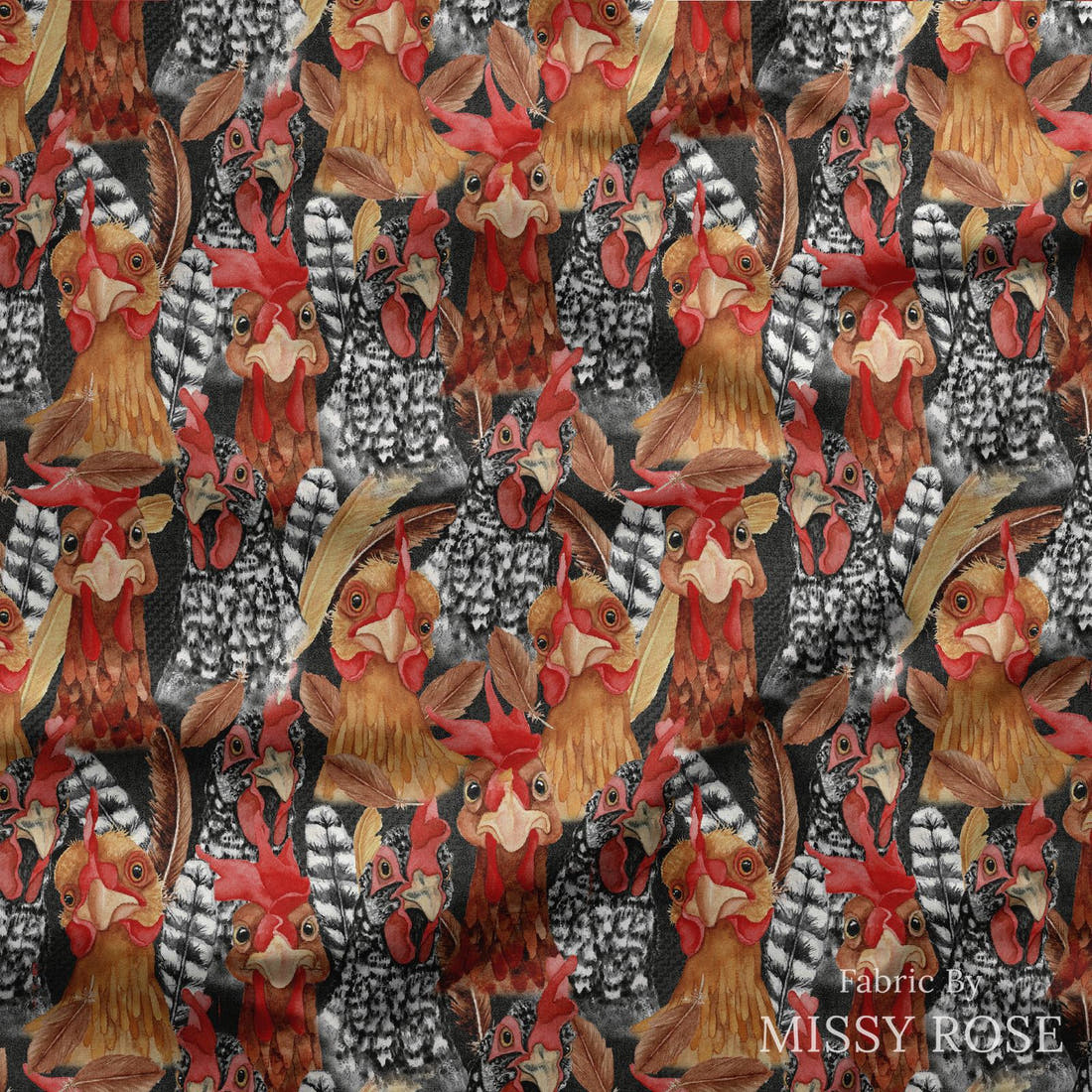 Design 159 Chickens Fabric draped fabric mockup – custom printed fabric by the metre | Fabric by Missy Rose