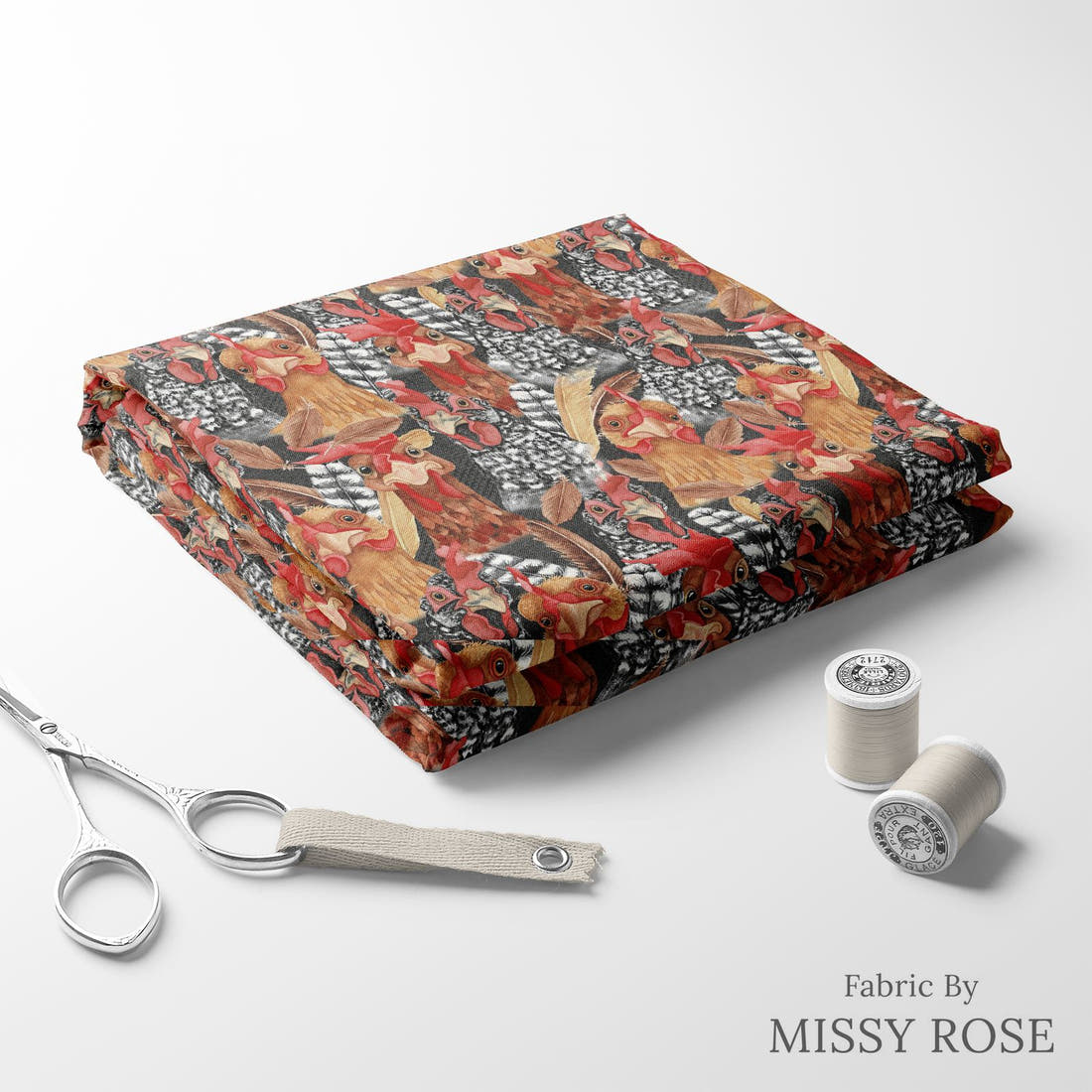 Design 159 Chickens Fabric folded fabric stack with matching thread – pre-order fabric Australia | Fabric by Missy Rose