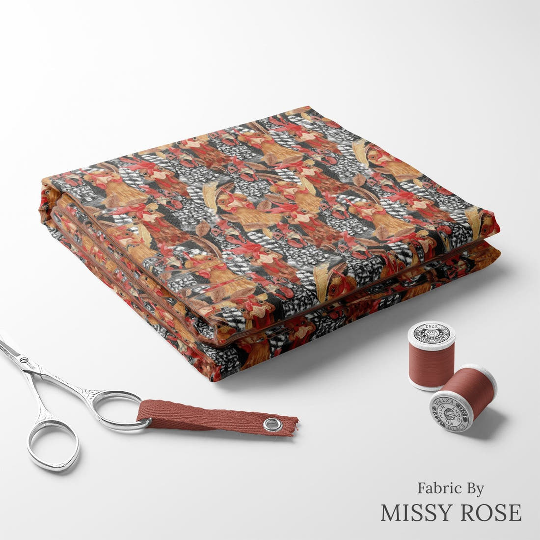 Design 159 Chickens Fabric folded fabric stack with matching thread – pre-order fabric Australia | Fabric by Missy Rose