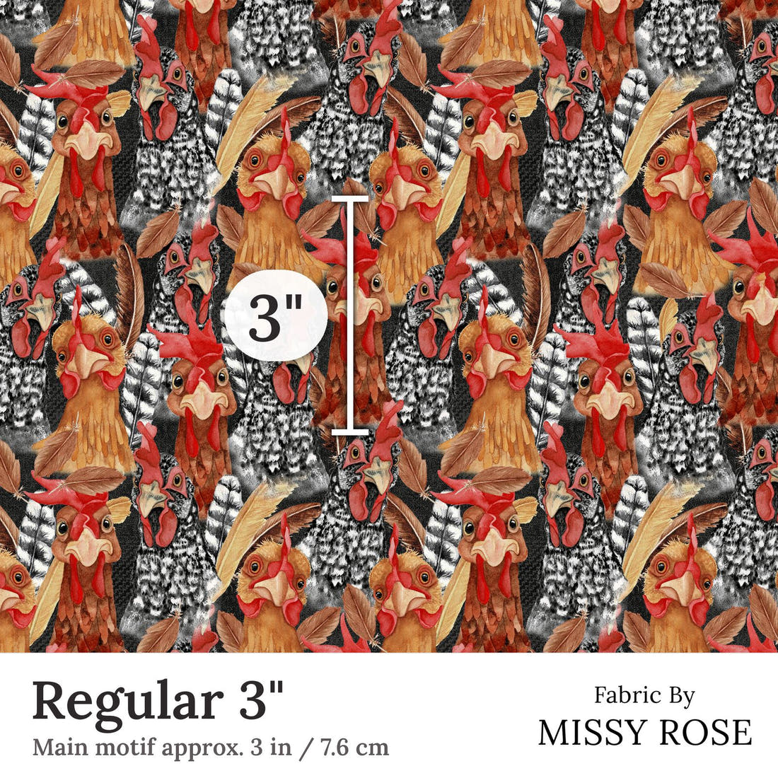 Design 159 Chickens Fabric Regular 3 inch print scale guide | Fabric by Missy Rose