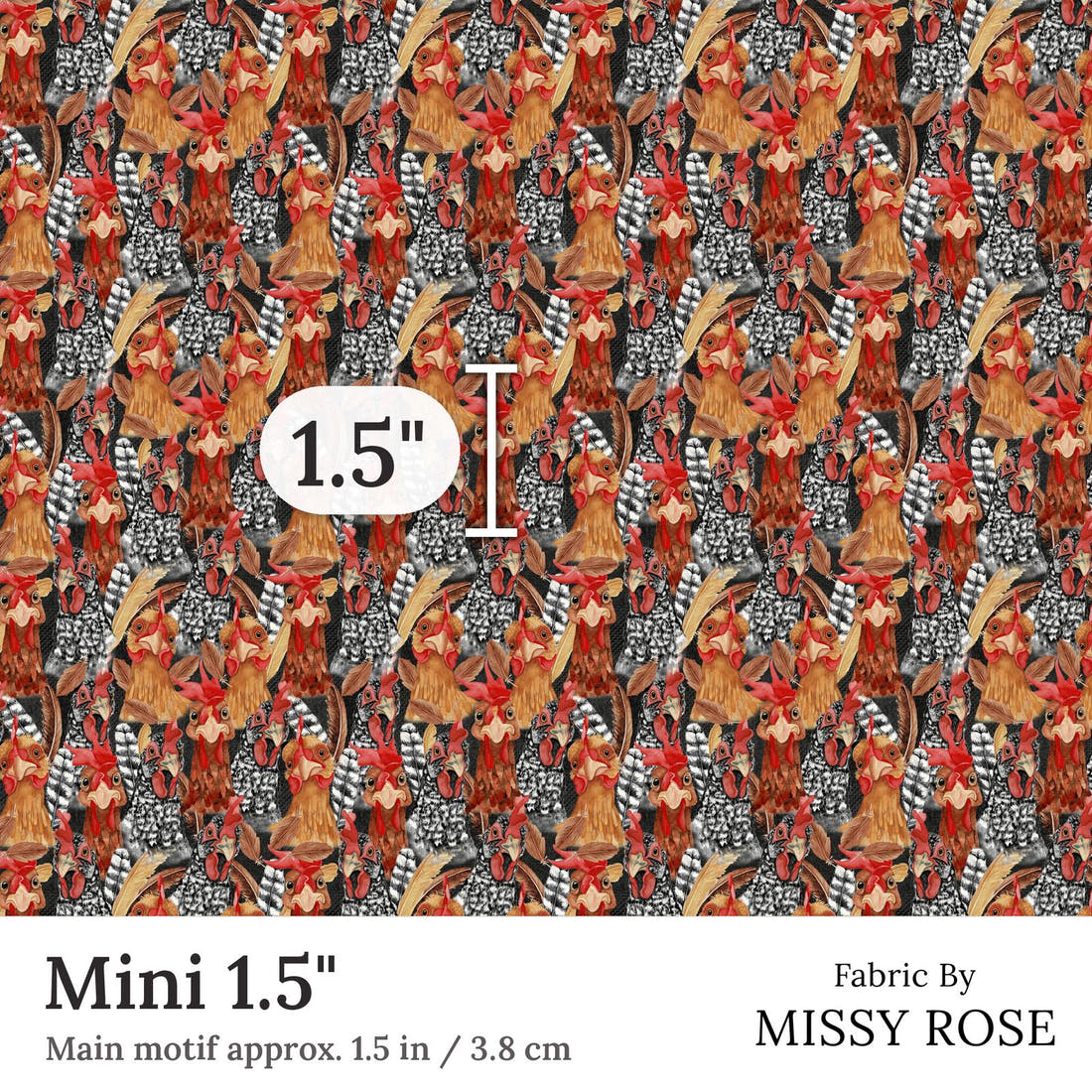 Design 159 Chickens Fabric Mini 1.5 inch print scale guide | Fabric by Missy Rose