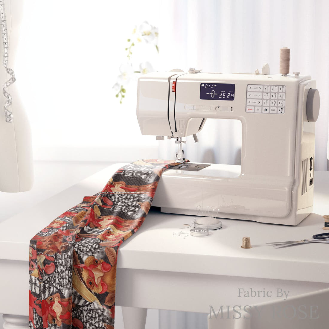 Design 159 Chickens Fabric on a sewing machine – premium fabric for sewing projects | Fabric by Missy Rose