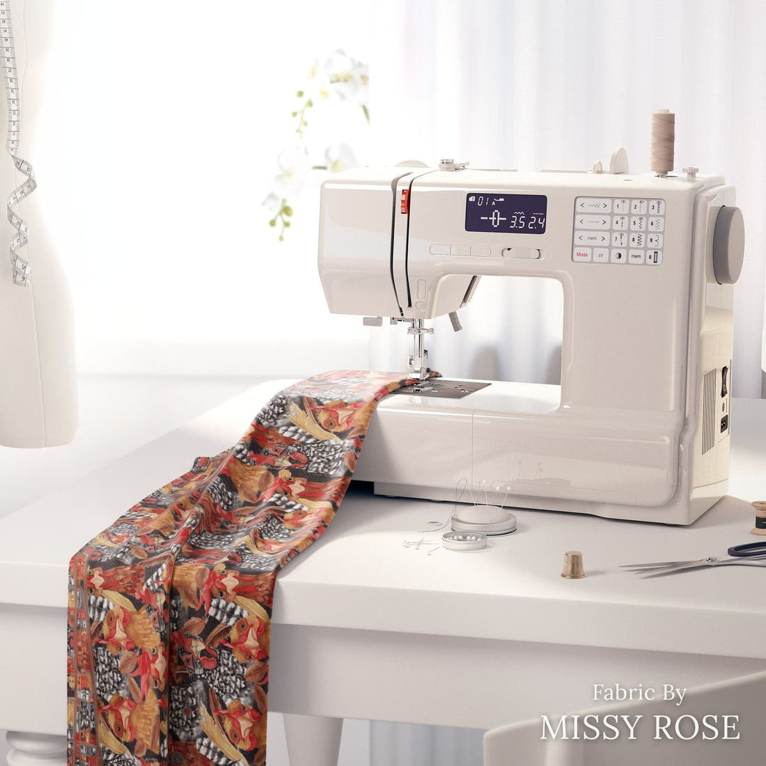 Design 159 Chickens Fabric on a sewing machine – premium fabric for sewing projects | Fabric by Missy Rose