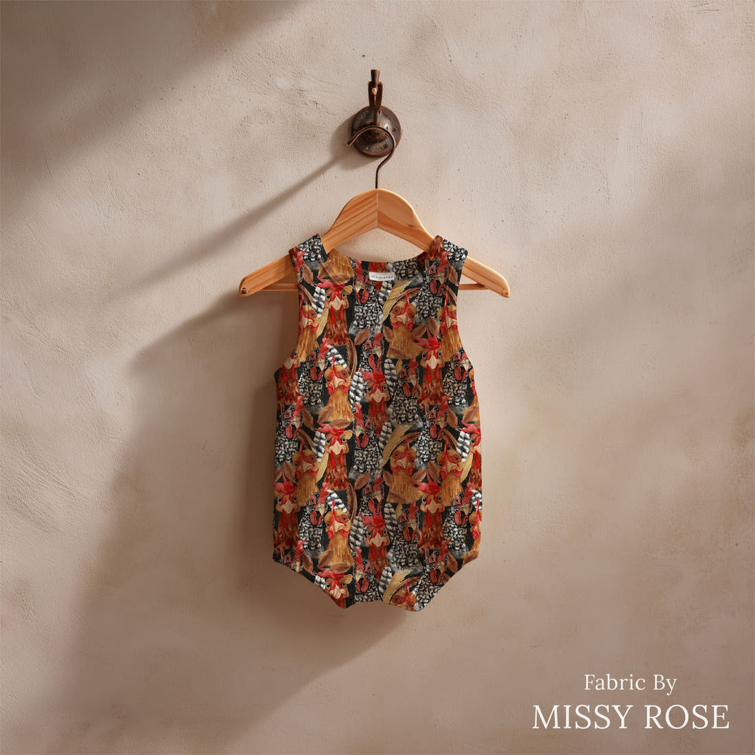 Design 159 Chickens Fabric sewn into a baby romper – see how the print looks made up | Fabric by Missy Rose