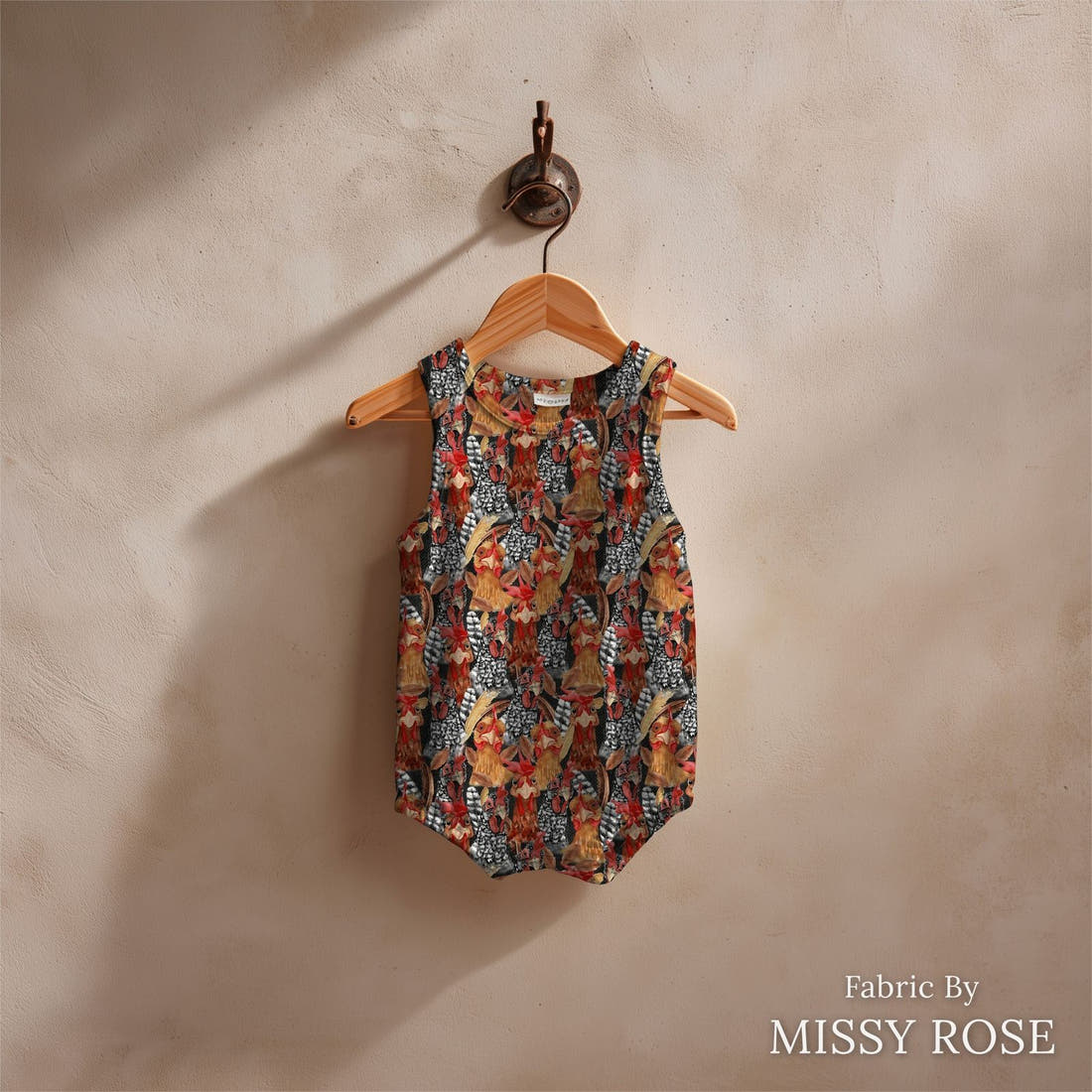 Design 159 Chickens Fabric sewn into a baby romper – see how the print looks made up | Fabric by Missy Rose