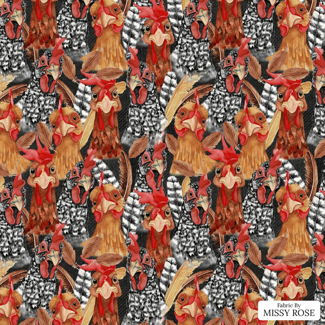 Design 159 Chickens Fabric - flat view of the print, zoom in for detail | Fabric by Missy Rose