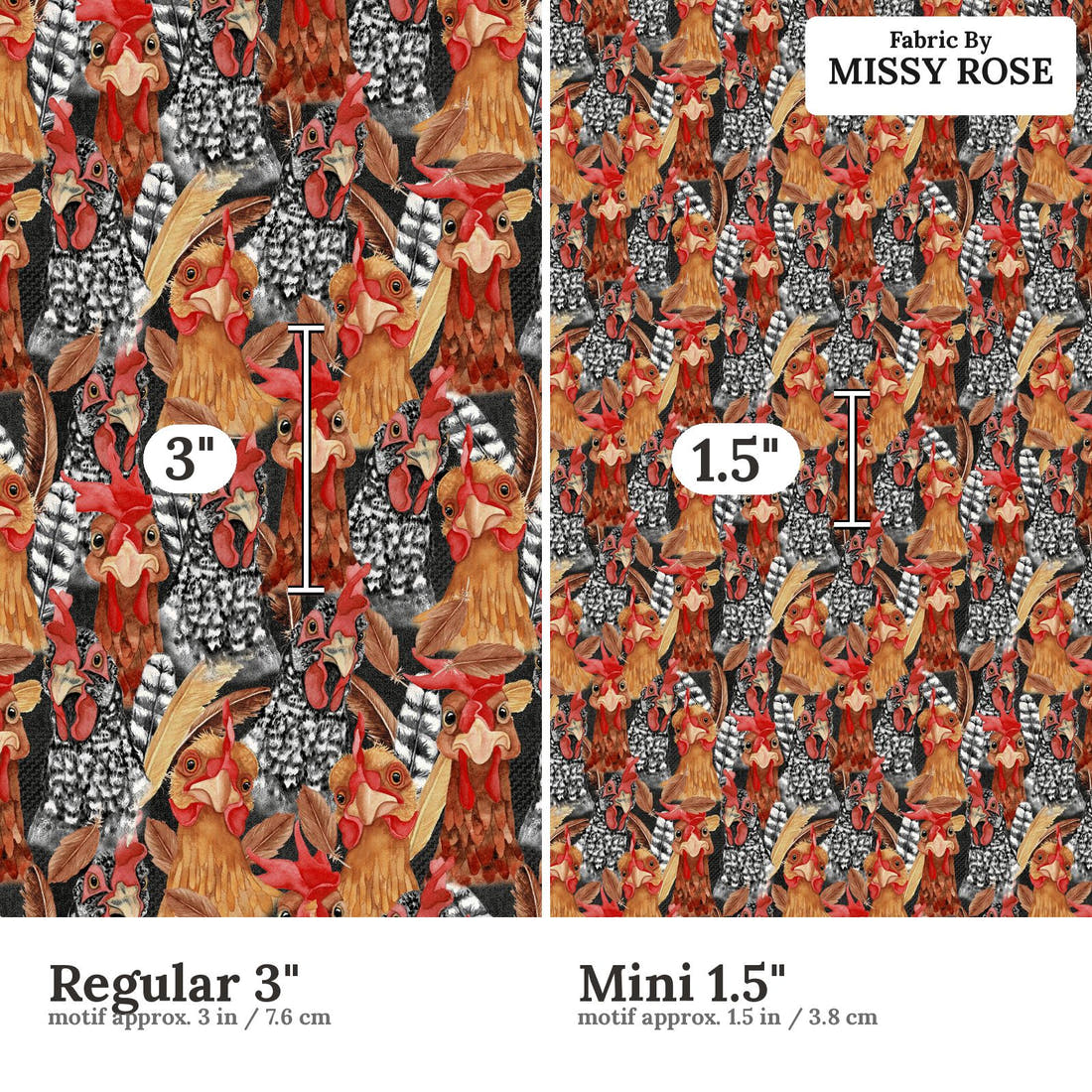 Design 159 Chickens Fabric size comparison - print scale | Fabric by Missy Rose
