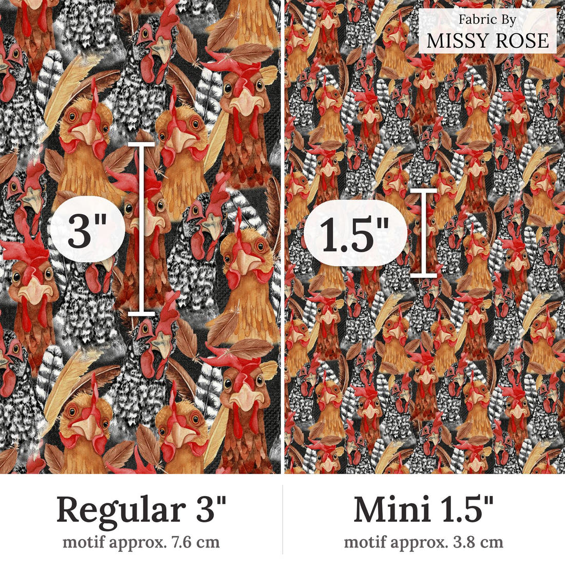Design 159 Chickens Fabric Regular 3 inch vs Mini 1.5 inch print scale side by side | Fabric by Missy Rose