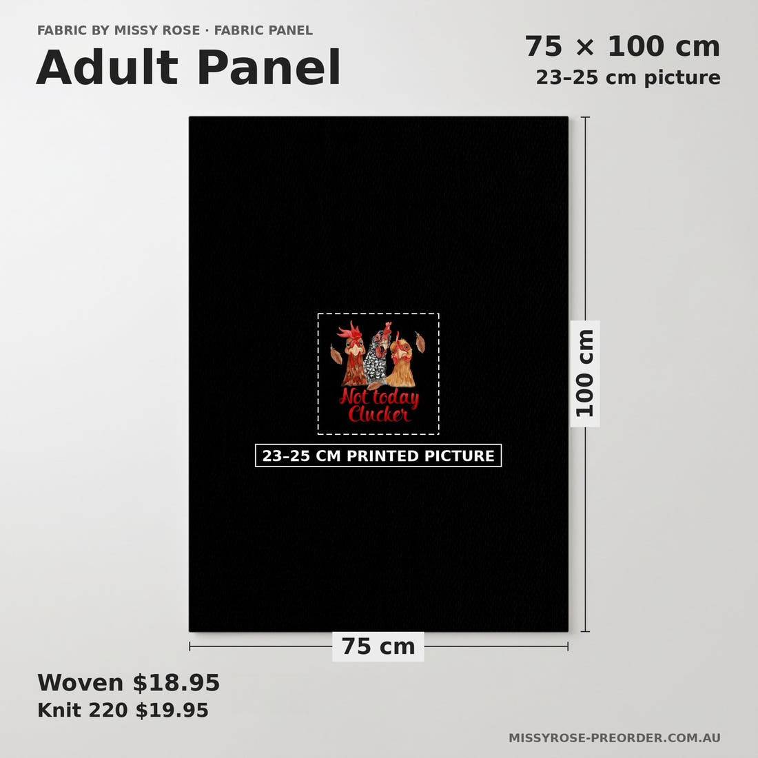 Design 159 Chickens Panel adult panel sizing – 23–25 cm printed picture on 75 × 100 cm fabric | Fabric by Missy Rose