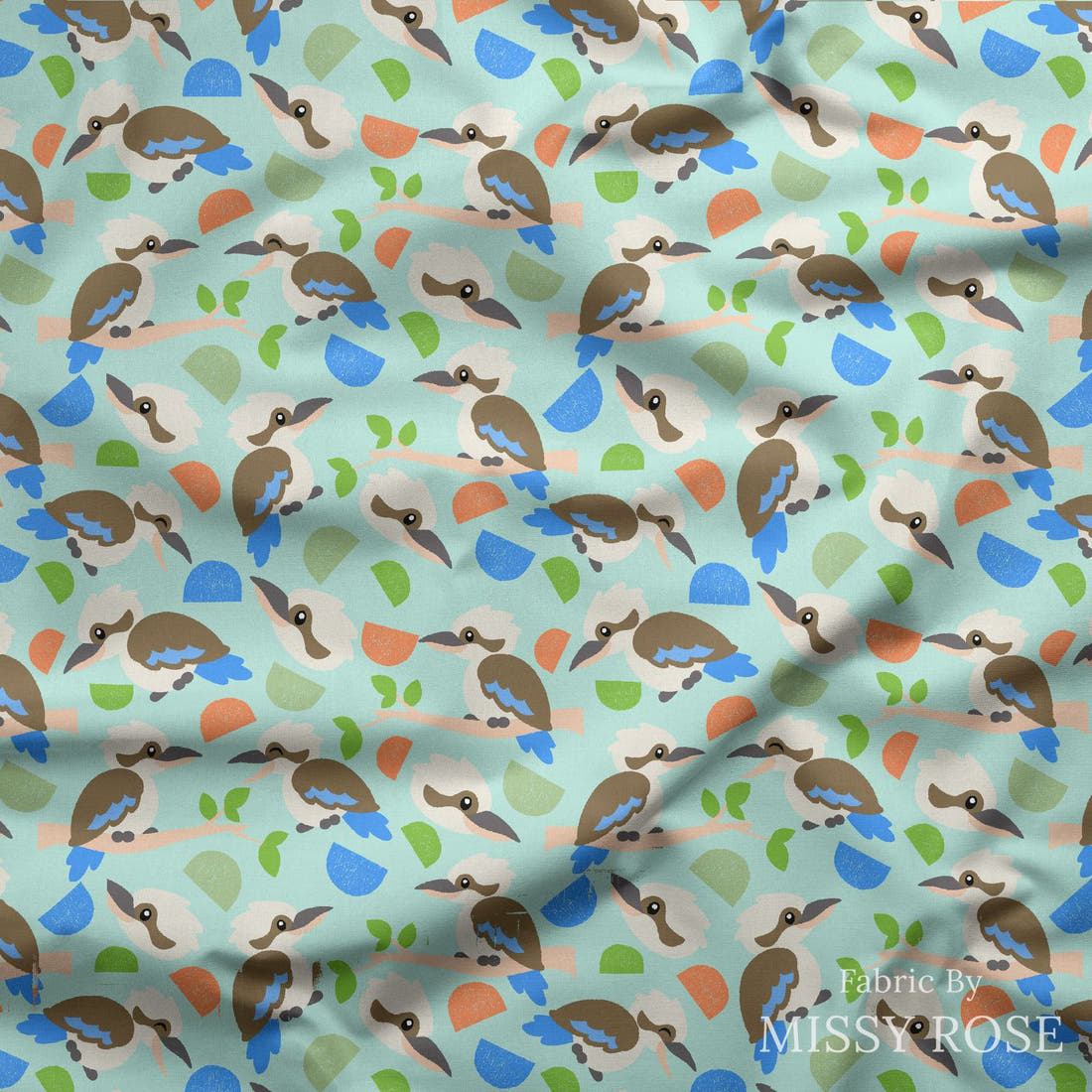 Design 16 Kookaburra Fabric draped fabric mockup – custom printed fabric by the metre | Fabric by Missy Rose