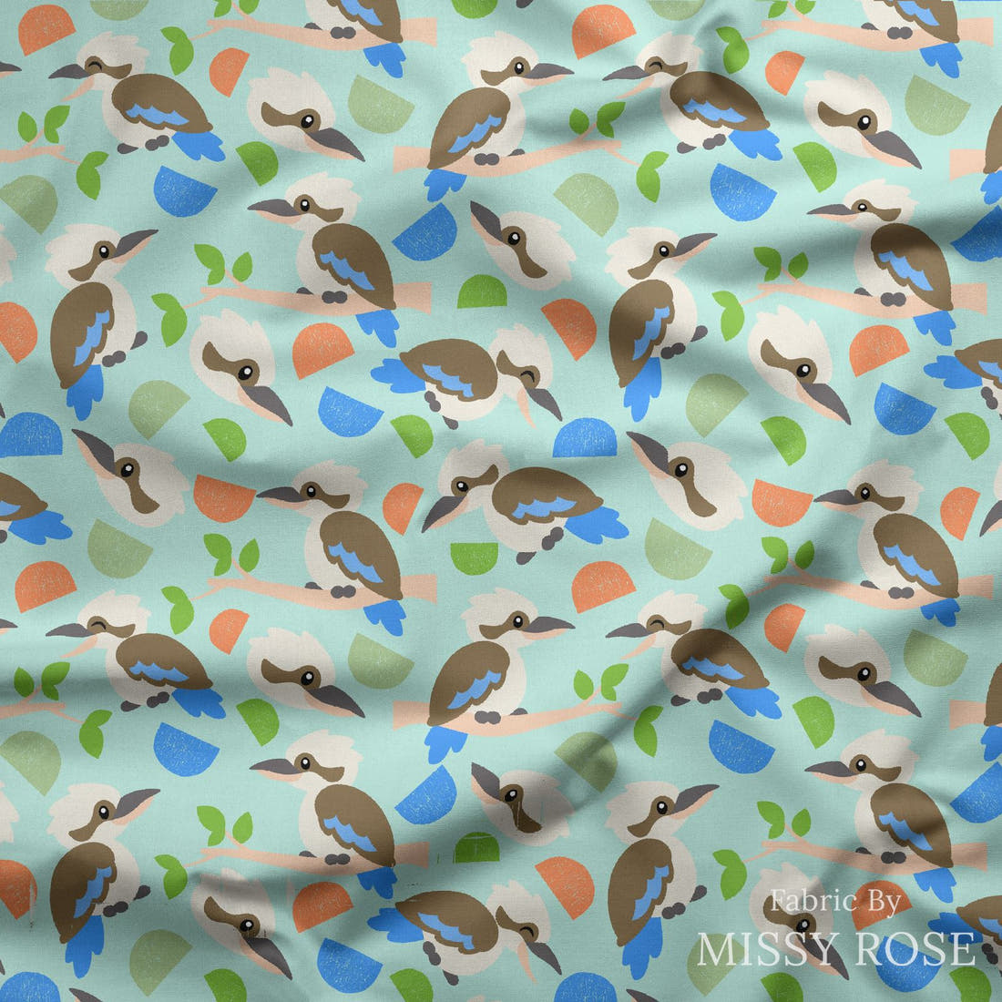 Design 16 Kookaburra Fabric draped fabric mockup – custom printed fabric by the metre | Fabric by Missy Rose