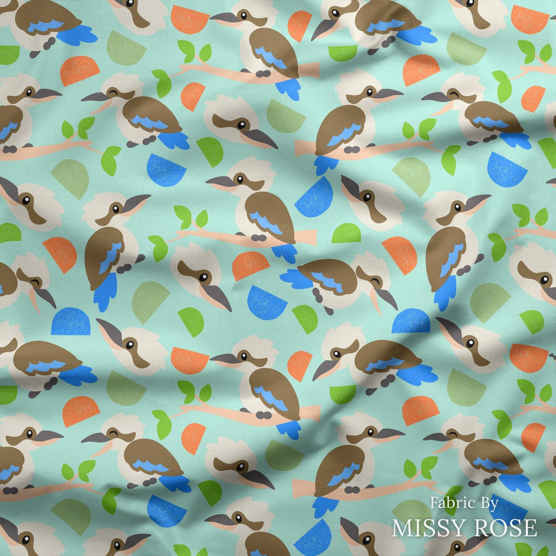 Design 16 Kookaburra Fabric draped fabric mockup – custom printed fabric by the metre | Fabric by Missy Rose