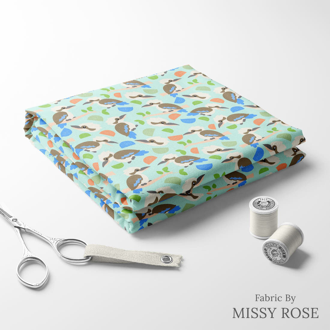 Design 16 Kookaburra Fabric folded fabric stack with matching thread – pre-order fabric Australia | Fabric by Missy Rose