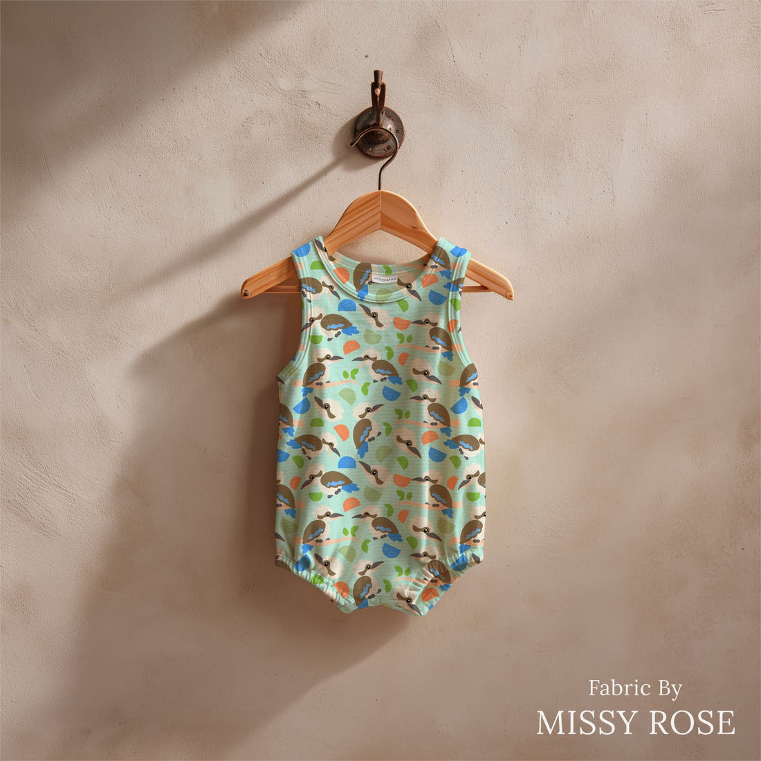 Design 16 Kookaburra Fabric sewn into a baby romper – see how the print looks made up | Fabric by Missy Rose