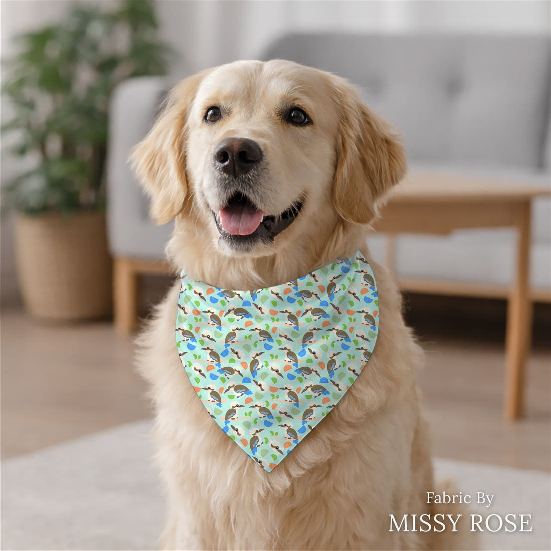 Design 16 Kookaburra Fabric sewn into a dog bandana – see how the print looks made up | Fabric by Missy Rose