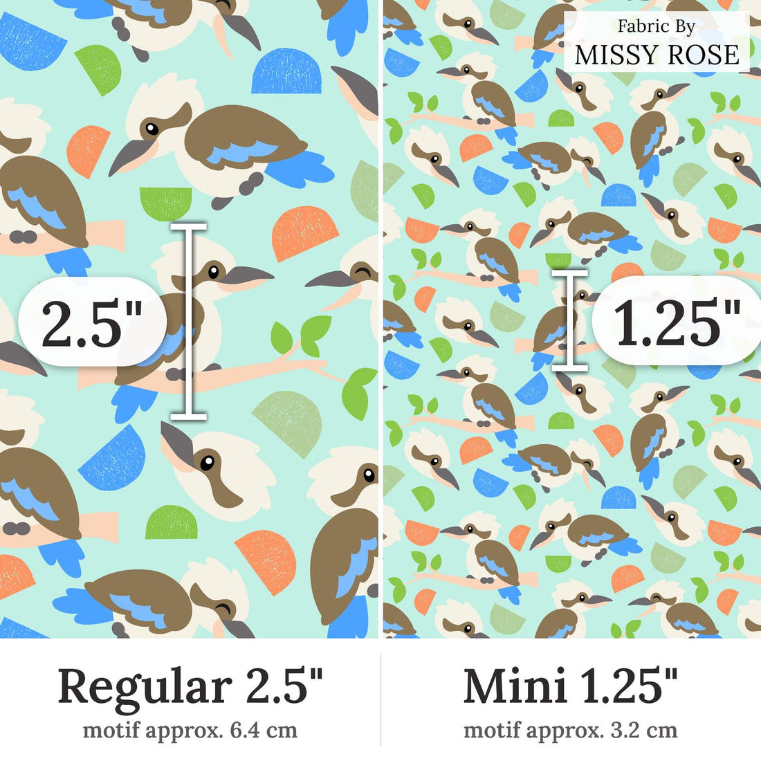 Design 16 Kookaburra Fabric Regular 2.5 inch vs Mini 1.25 inch print scale side by side | Fabric by Missy Rose
