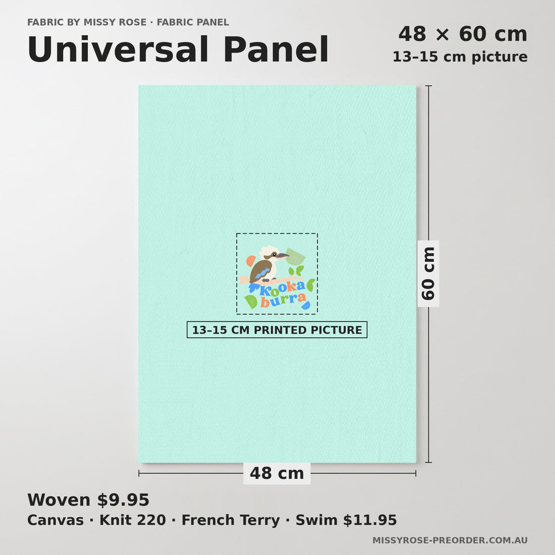 Design 16 Kookaburra Panel universal panel sizing – 13–15 cm printed picture on 48 × 60 cm fabric | Fabric by Missy Rose