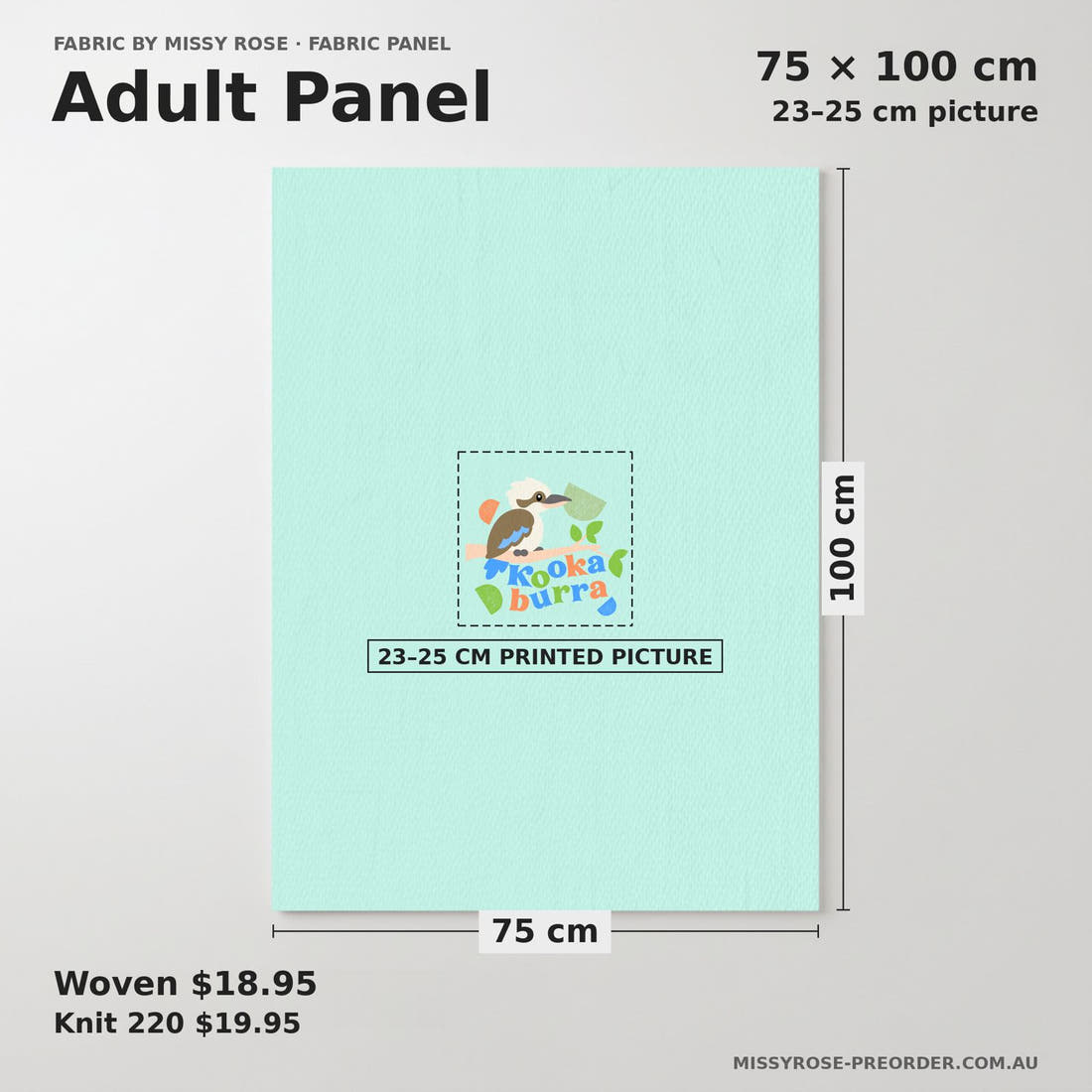 Design 16 Kookaburra Panel adult panel sizing – 23–25 cm printed picture on 75 × 100 cm fabric | Fabric by Missy Rose