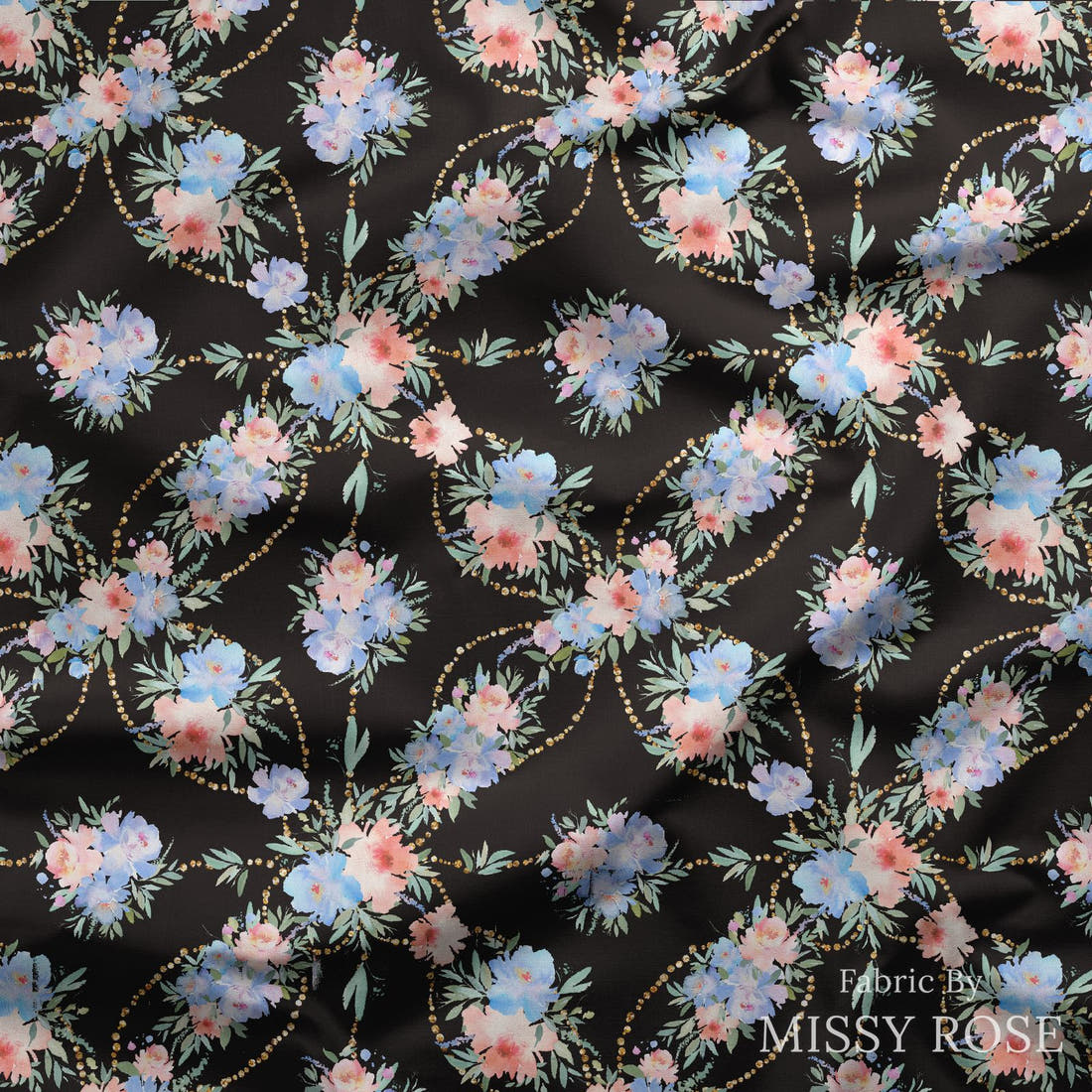 Design 160 Black and Blue Floral draped fabric mockup – custom printed fabric by the metre | Fabric by Missy Rose