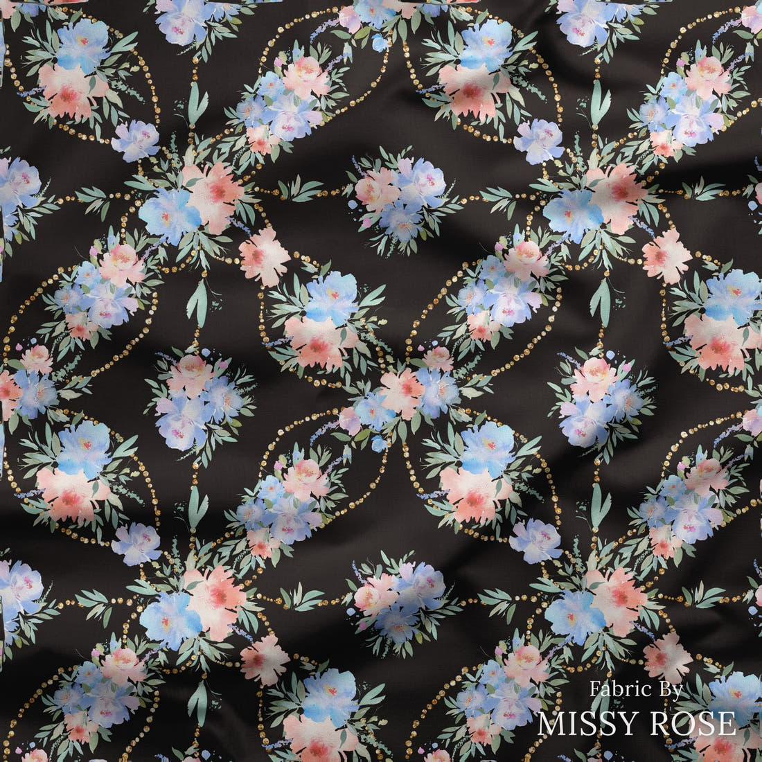 Design 160 Black and Blue Floral draped fabric mockup – custom printed fabric by the metre | Fabric by Missy Rose