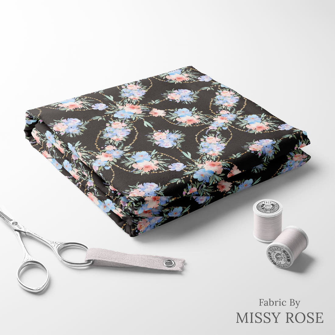 Design 160 Black and Blue Floral folded fabric stack with matching thread – pre-order fabric Australia | Fabric by Missy Rose